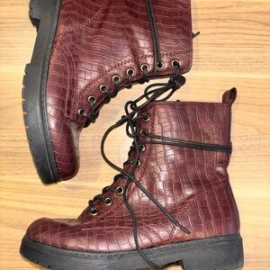 Women's Burgundy Croc-Embossed Combat Boots